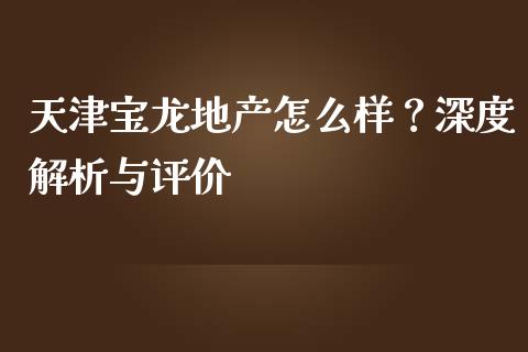 天津宝龙地产怎么样？深度解析与评价_https://www.fcdydaikuan.com_黄金期货直播_第1张